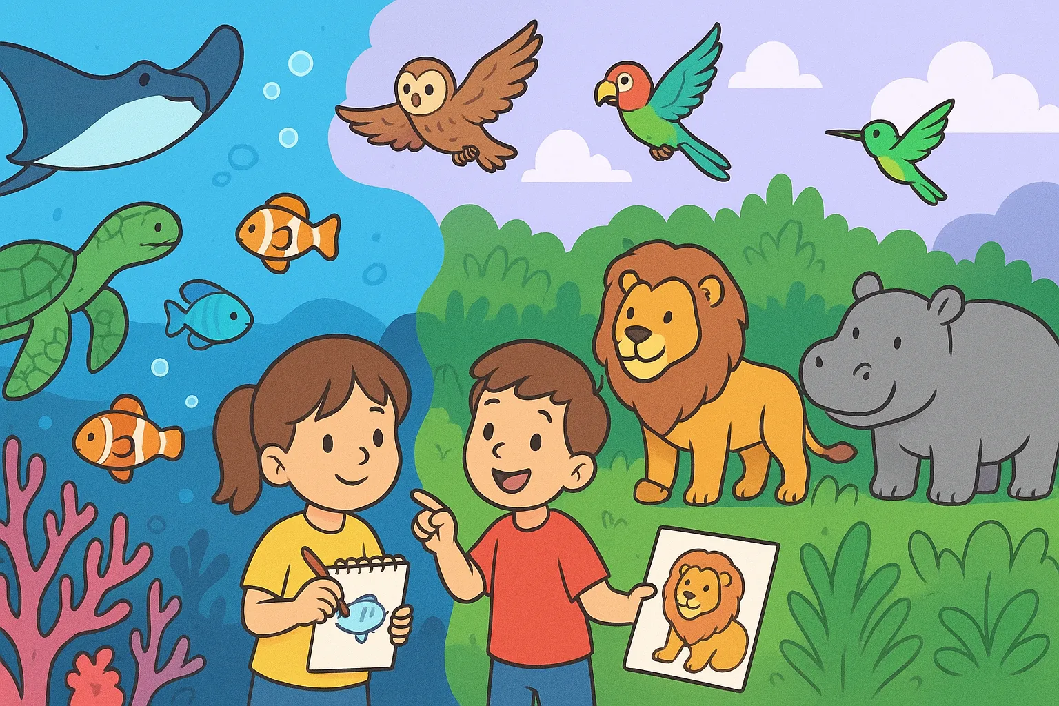 Mundo de animales con niños aprendiendo